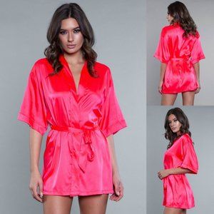 NWT BeWicked 'Getting Ready' satin mini Robe, S,M,L, Neon Pink,